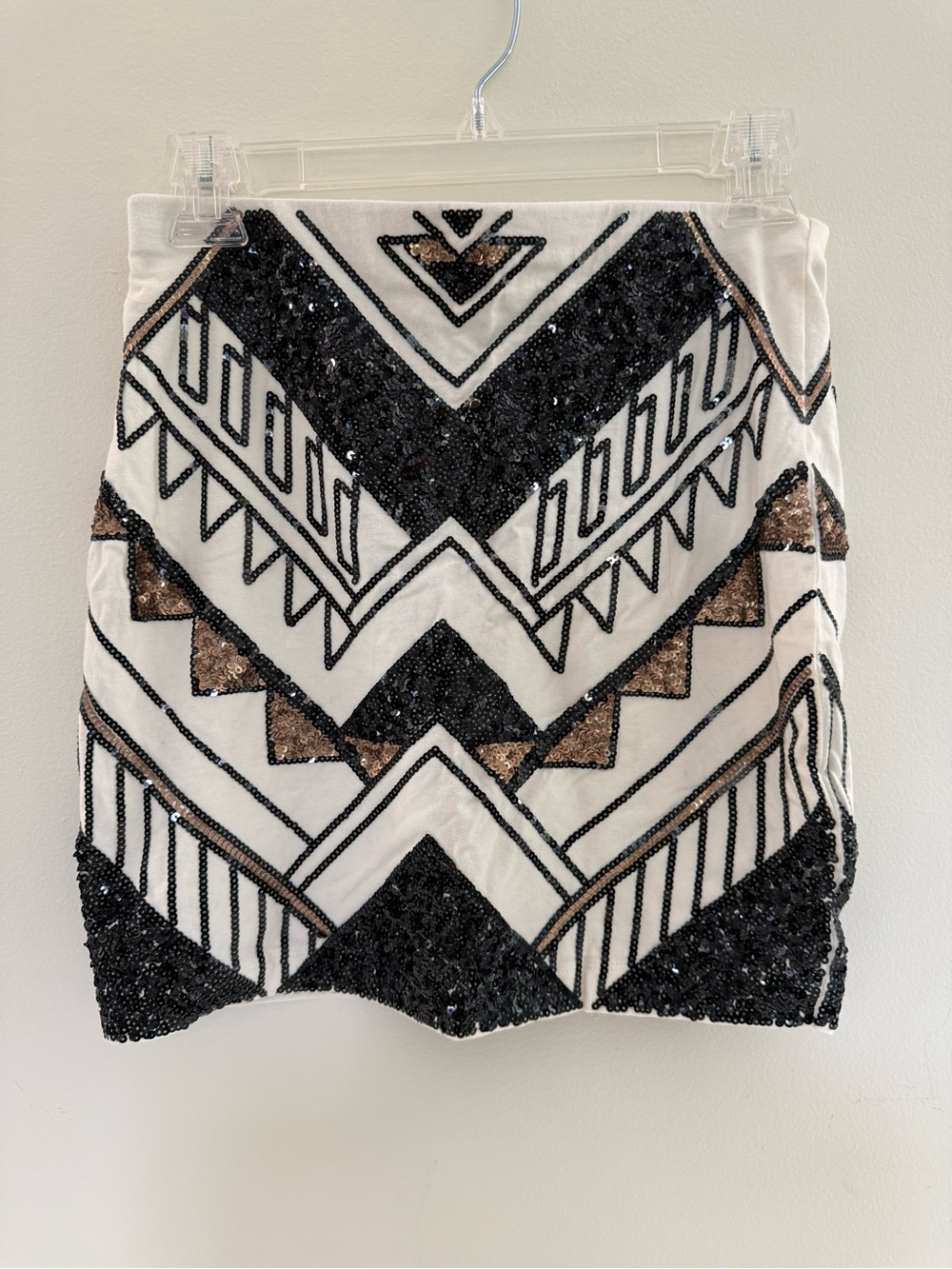 Express White Mini Skirt with Black and Bronze Sequin Geometric Design